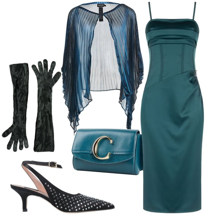 Outfit donna - Serata chic. Stile Chic per Serata fuori. Abbinamento con vestiti asimmetrici, marsupi, décolleté, cappe, guanti.