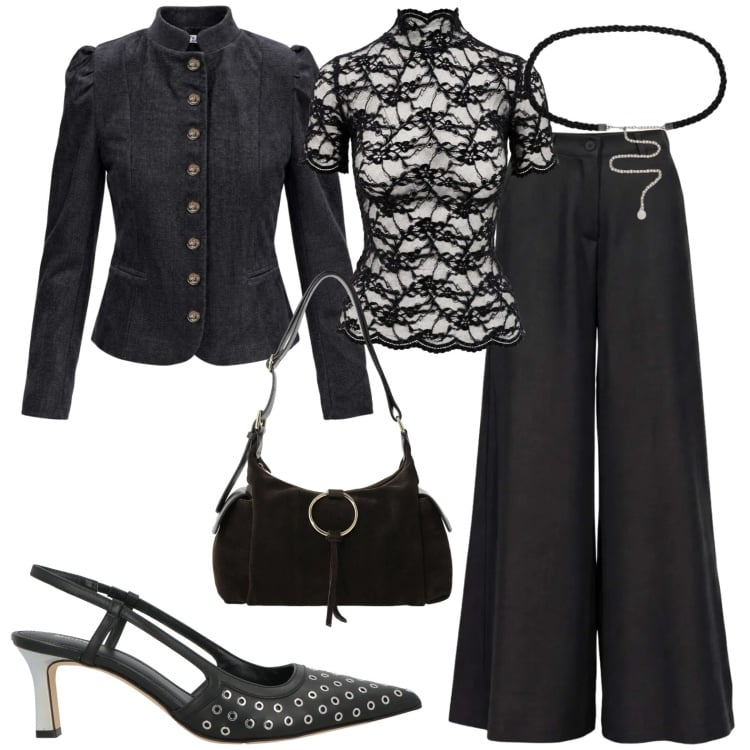 Outfit donna - Serata. Stile Chic per Serata fuori. Abbinamento con pantaloni a palazzo, top, blazer, borse a spalla, cinture, décolleté.