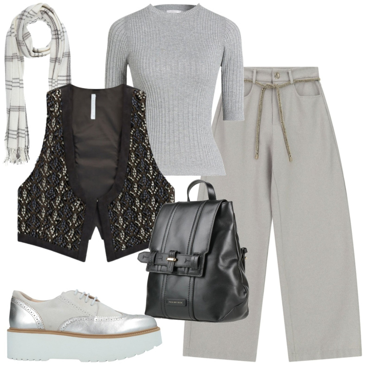 Outfit donna - Casual. Stile Casual per Tutti i giorni. Abbinamento con gilet, pantaloni a palazzo, scarpe stringate, sciarpe, zaini, pullovers.