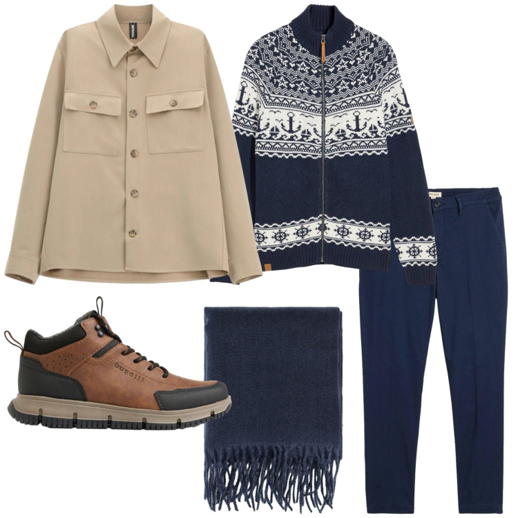Outfit uomo - Sfumature di navy e cammello. Stile Trendy per Tutti i giorni. Abbinamento con cappotti, sciarpe, cardigans, pantaloni chino, stivali e stivaletti.