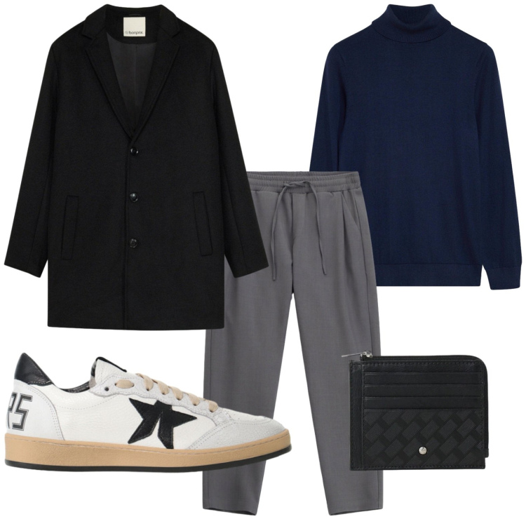 Outfit uomo - Minimalismo urbano. Stile Trendy per Tutti i giorni. Abbinamento con sneakers, pantaloni, portafogli, cappotti, pullovers.