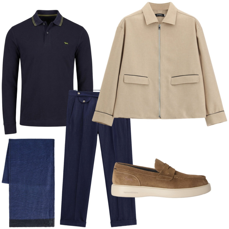 Outfit uomo - Sfumature di navy e cammello. Stile Trendy per Tutti i giorni. Abbinamento con scarpe stringate, polo, sciarpe, cappotti, pantaloni.
