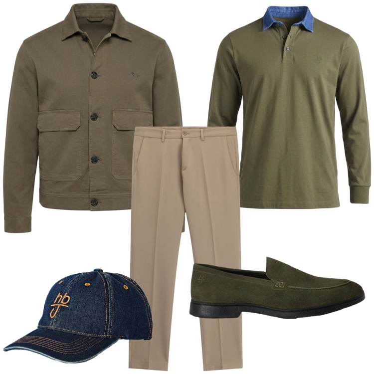Outfit uomo - Polo a manica lunga. Stile Trendy per Tutti i giorni. Abbinamento con cappotti, polo, scarpe stringate, cappelli con visiera, pantaloni.