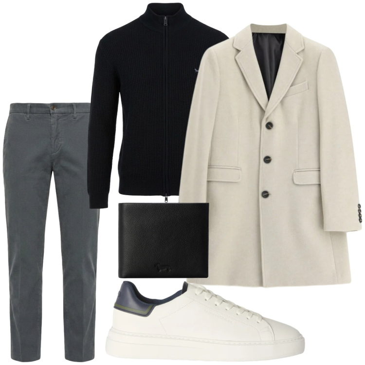 Outfit uomo - Minimalismo urbano. Stile Trendy per Tutti i giorni. Abbinamento con pantaloni, sneakers, portafogli, pullovers, cappotti.