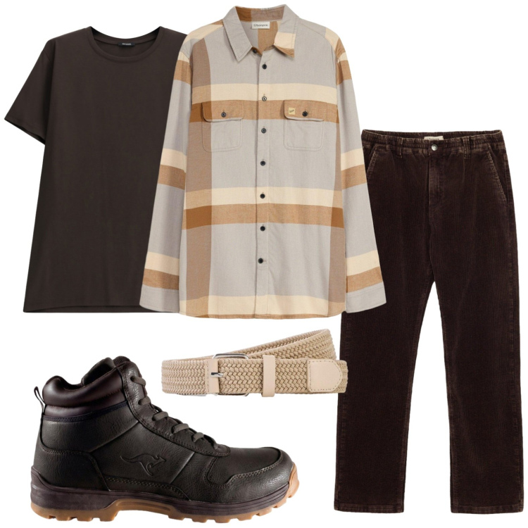 Outfit uomo - Quadri autunnali. Stile Trendy per Tutti i giorni. Abbinamento con t-shirt, pantaloni, stivali e stivaletti, camicie, cinture.