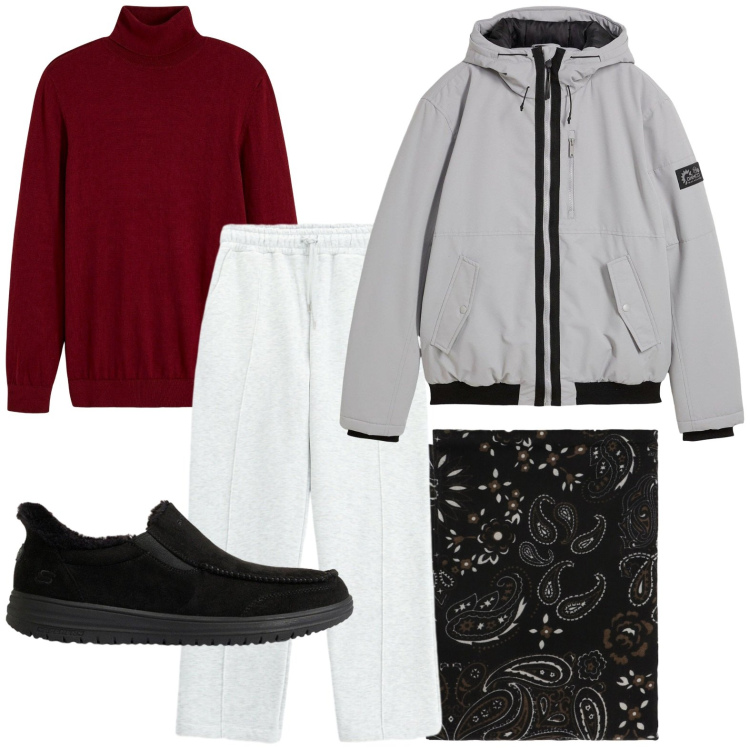 Outfit uomo - Pashmina casmire. Stile Trendy per Tutti i giorni. Abbinamento con pantaloni, sciarpe e foulard, maglieria, bomber, sneakers.