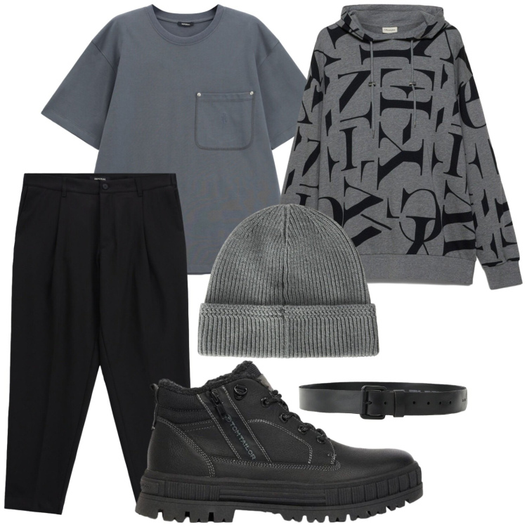 Outfit uomo - Felpa con stampa. Stile Trendy per Tutti i giorni. Abbinamento con berretti, cinture, t-shirt, pantaloni, stivali e stivaletti, felpe con cappuccio.