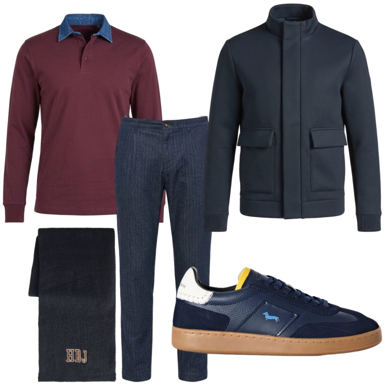 Outfit uomo - Sciarpa avvolgente. Stile Trendy per Tutti i giorni. Abbinamento con sneakers, polo, giacche, sciarpe, pantaloni.