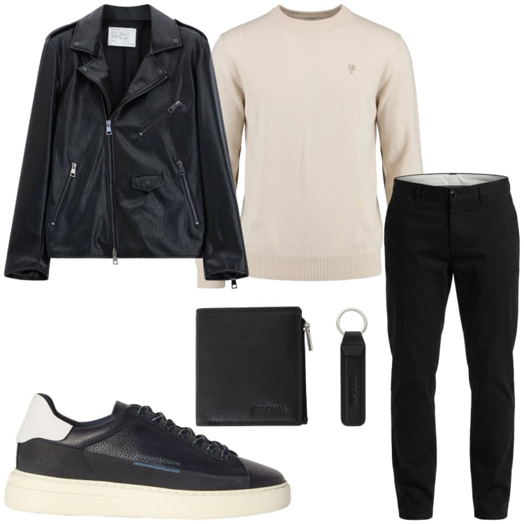 Outfit uomo - Jacket skin. Stile Biker Rock per Serata speciale. Abbinamento con sneakers, maglieria, pantaloni, giacche, portafogli.