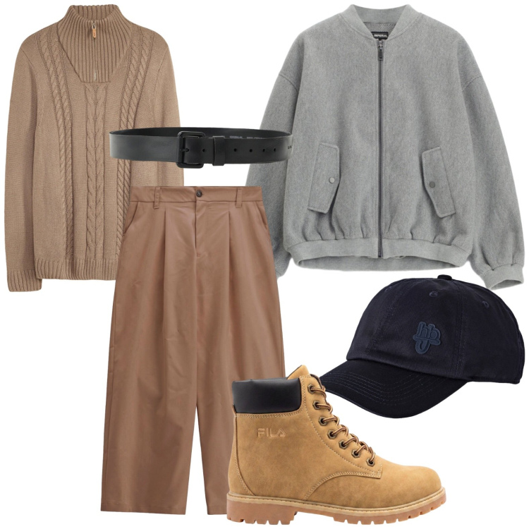 Outfit uomo - Bomber di stagione. Stile Trendy per Tutti i giorni. Abbinamento con cappelli con visiera, pantaloni, cinture, bomber, stivali e stivaletti, maglieria.