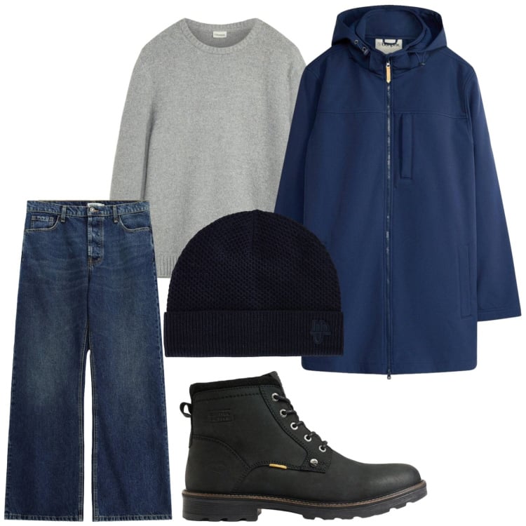 Outfit uomo - Giacca calda. Stile Trendy per Tutti i giorni. Abbinamento con berretti, jeans, giacche, stivali e stivaletti, maglieria.