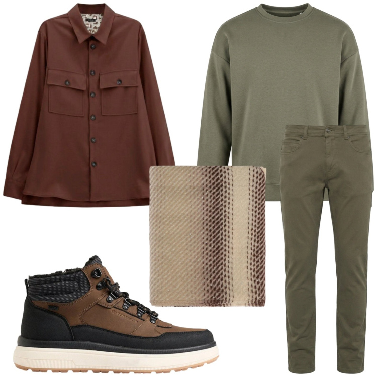 Outfit uomo - Sfumature bosco. Stile Trendy per Tutti i giorni. Abbinamento con pantaloni, cappotti, sciarpe, felpe, stivali e stivaletti.