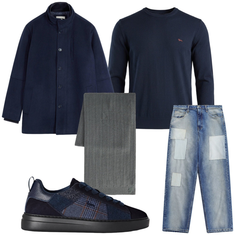 Outfit uomo - Jeans patchwork. Stile Casual per Tutti i giorni. Abbinamento con sneakers, maglieria, sciarpe, jeans, giacche.