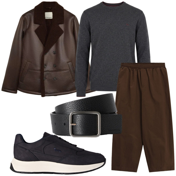 Outfit uomo - Montone cool. Stile Trendy per Tutti i giorni. Abbinamento con sneakers, cinture, maglieria, pantaloni a palazzo, giacche.