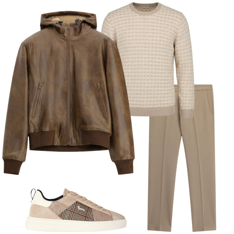 Outfit uomo - Fine ottobre. Stile Urban per Tutti i giorni. Abbinamento con sneakers, maglieria, bomber, pantaloni.