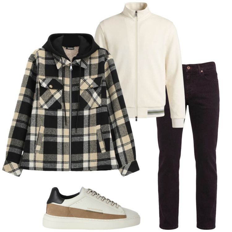 Outfit uomo - Cappotto scozzese. Stile Urban per Tutti i giorni. Abbinamento con sneakers, felpe, jeans, cappotti.