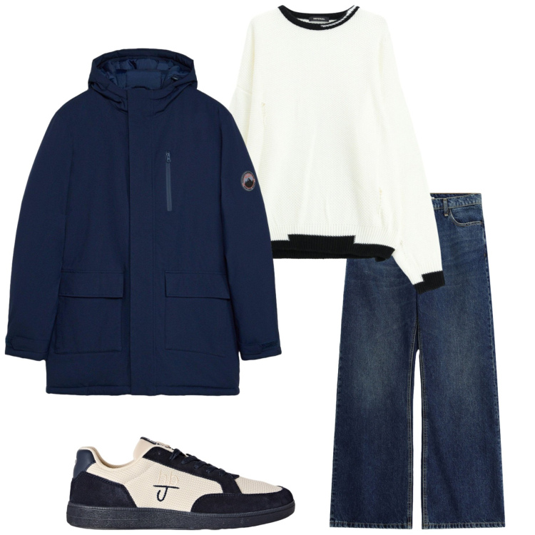 Outfit uomo - Urban autunnale. Stile Urban per Tutti i giorni. Abbinamento con sneakers, jeans, maglieria, parka.