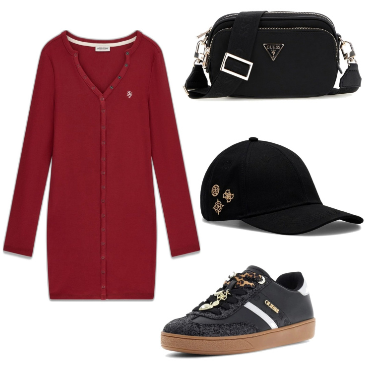Outfit mujer - Casual. Estilo Casual para Todos los días. Combinación con vestidos cortos, sombreros o gorros con visera, sneakers, bandoleras.