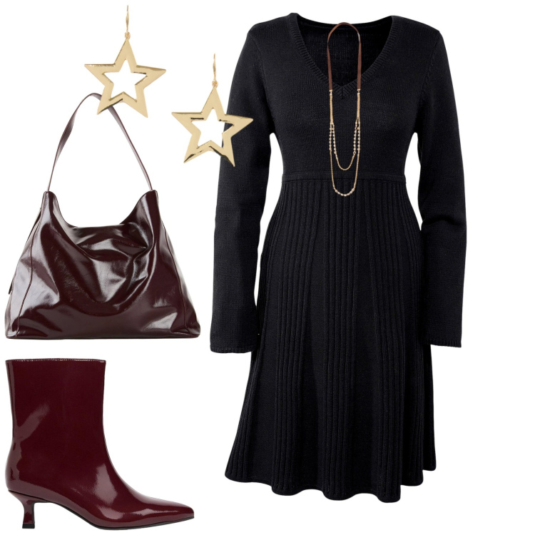 Outfit donna - Ottobre. Stile Urban per Tutti i giorni. Abbinamento con collane, orecchini, vestiti, shopping bag, stivaletti.
