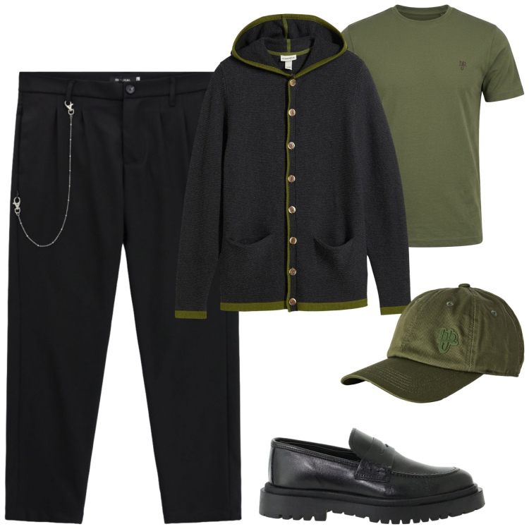 Outfit uomo - Ottobre. Stile Urban per Tutti i giorni. Abbinamento con t-shirt, cappelli con visiera, scarpe stringate, pantaloni, cardigans.