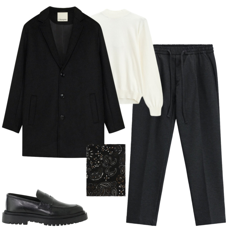 Outfit uomo - City. Stile Urban per Tutti i giorni. Abbinamento con scarpe stringate, maglieria, pantaloni, sciarpe e foulard, cappotti.