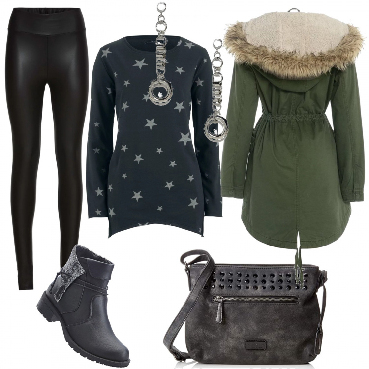 Outfit donna - Pranzo dalla Nonna. Stile Basic per Tutti i giorni. Abbinamento con treggings, felpa nero, stivaletti, giacca con cappuccio kaki, borsa a spalla argento, orecchini pendenti con catena collo aperto in denim argento.