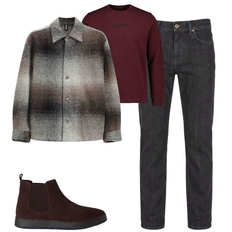 Outfit uomo - City. Stile Urban per Tutti i giorni. Abbinamento con jeans, t-shirt, stivali e stivaletti, cappotti.