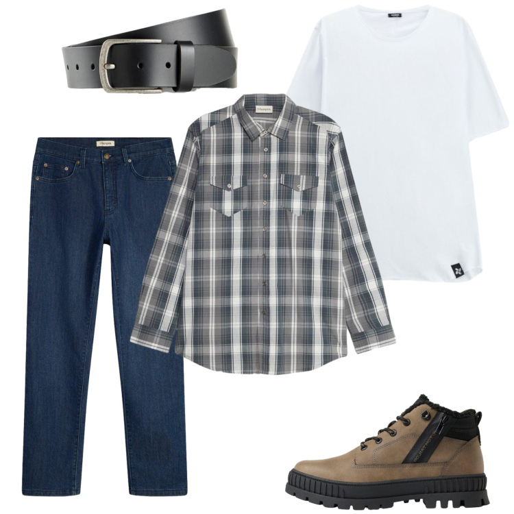 Outfit uomo - Total look #2499173. Stile Casual per Ufficio. Abbinamento con t-shirt, cinture, stivali e stivaletti, camicie, jeans dritti.
