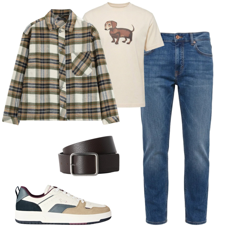 Outfit uomo - Ottobre. Stile Trendy per Tutti i giorni. Abbinamento con jeans, cinture, t-shirt, sneakers, camicie.