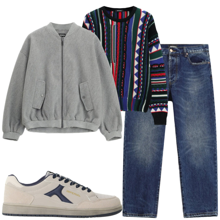 Outfit uomo - Ottobre. Stile Casual per Tutti i giorni. Abbinamento con maglieria, sneakers, bomber, jeans dritti.