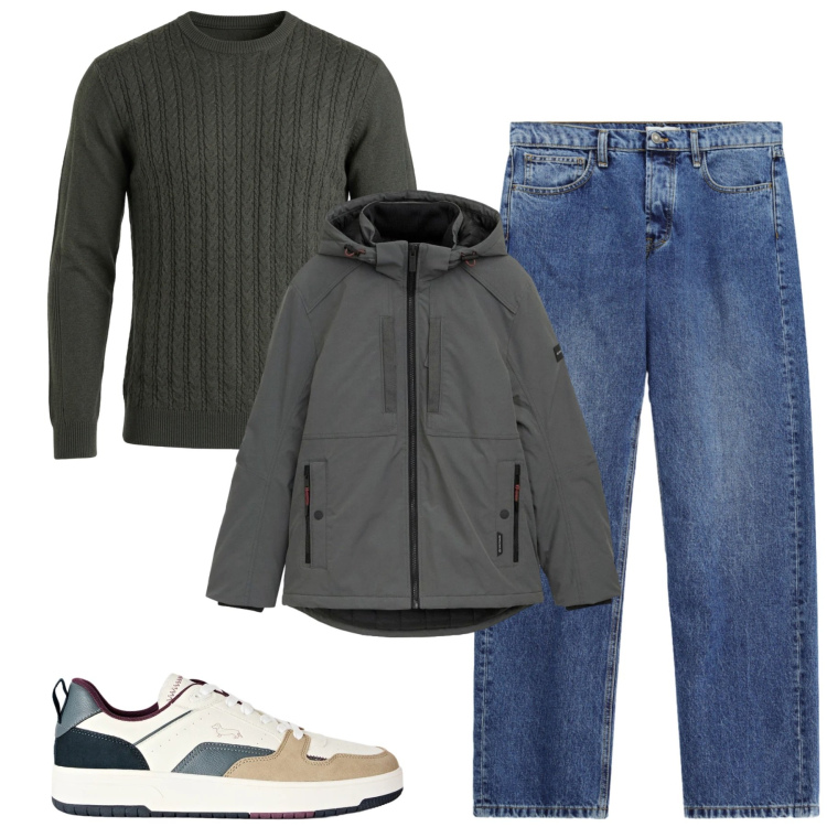 Outfit uomo - City. Stile Urban per Tutti i giorni. Abbinamento con sneakers, maglieria, jeans, giacche.