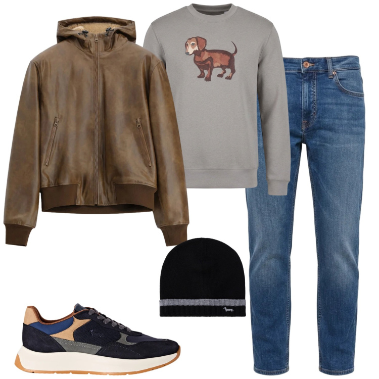 Outfit uomo - Ottobre. Stile Trendy per Tutti i giorni. Abbinamento con sneakers, jeans, felpe, berretti, bomber.