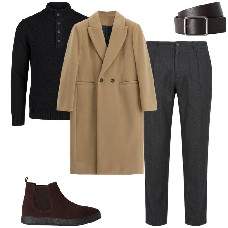 Outfit uomo - City. Stile Urban per Tutti i giorni. Abbinamento con cinture, stivali e stivaletti, pantaloni, pullovers, cappotti.
