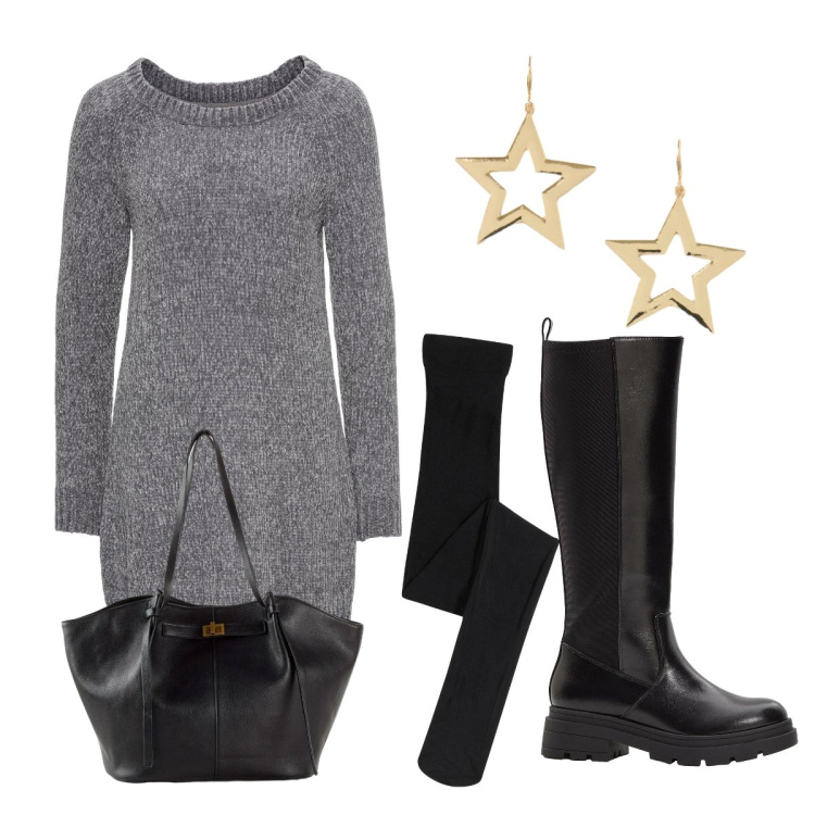 Outfit donna - Tipo Jem delle Holograms. Stile Rock per Serata fuori. Abbinamento con orecchini, vestiti, stivali, shopping bag, collant.