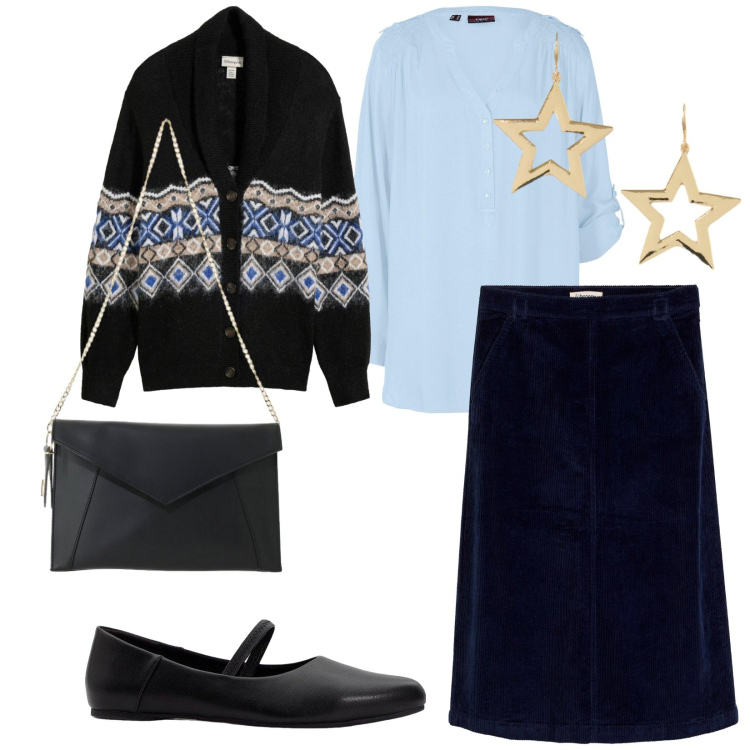 Outfit donna - La gonna di velluto. per Scuola/Università. Abbinamento con borse a tracolla, orecchini, tuniche, ballerine, gonne, cardigans.
