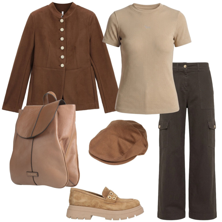 Outfit donna - Per le campagne scozzese. per Tutti i giorni. Abbinamento con pantaloni cargo, t-shirt, blazer, cappelli, mocassini, zaini.