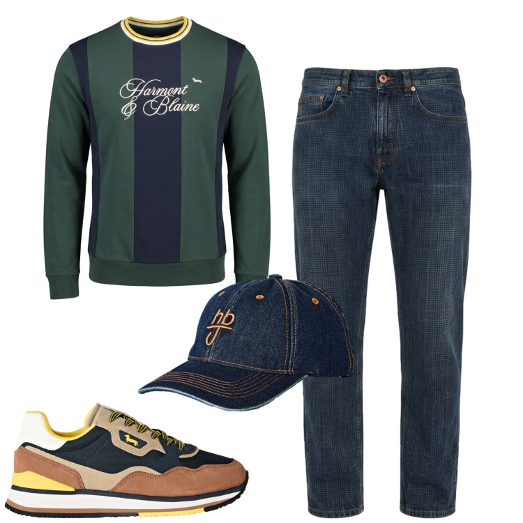 Outfit uomo - City. Stile Casual per Tutti i giorni. Abbinamento con felpe, cappelli con visiera, sneakers, jeans.