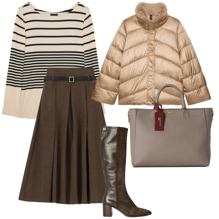 Outfit donna - Nel quotidiano. per Tutti i giorni. Abbinamento con borse a mano, stivali, gonne lunghe, piumini, t-shirt.