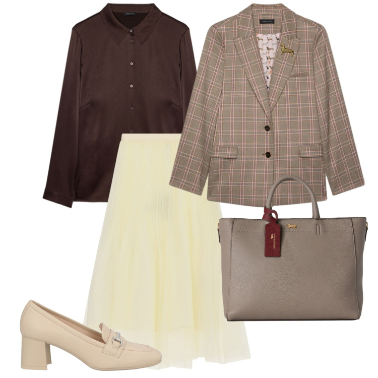 Outfit donna - Curvy style. per Ufficio. Abbinamento con borse a mano, gonne longuette, camicie, blazer, mocassini.