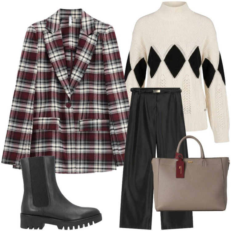 Outfit donna - Scozzese contemporaneo. Stile Casual chic per Ufficio. Abbinamento con borse a mano, pullovers, pantaloni, blazer, stivaletti chelsea.