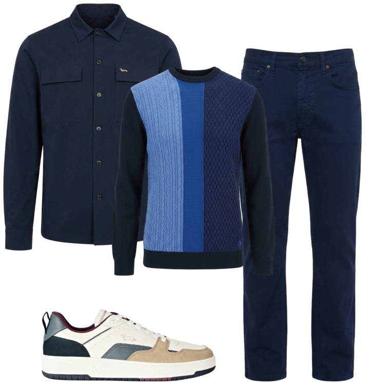 Outfit uomo - Blu. Stile Urban per Tutti i giorni. Abbinamento con pantaloni, cappotti, sneakers, maglieria.