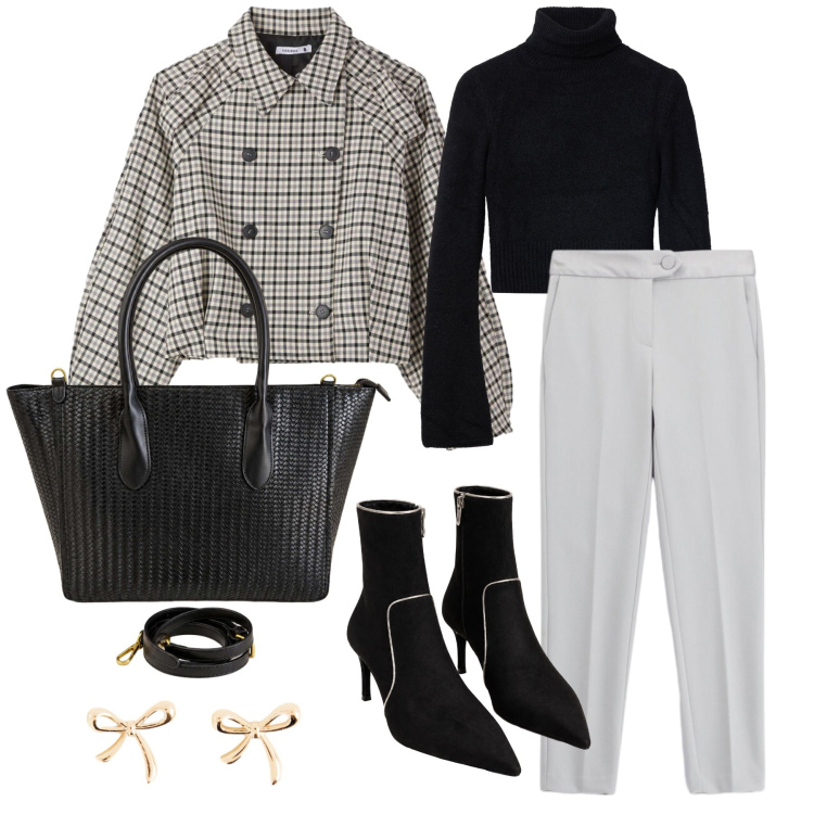 Outfit donna - Ottobre. Stile Glamour per Tutti i giorni. Abbinamento con pantaloni, shopping bag, stivaletti, maglieria, caban, orecchini.