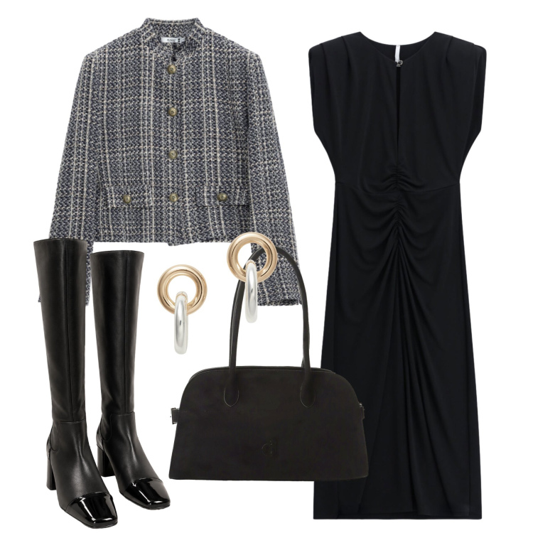Outfit donna - Ottobre. Stile Glamour per Tutti i giorni. Abbinamento con vestiti midi/longuette, orecchini, cappotti, borse a spalla, stivali.