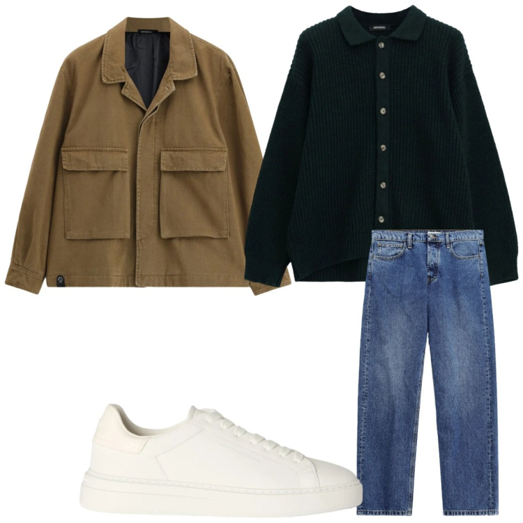 Outfit uomo - Sfumature di navy e cammello. Stile Casual per Tutti i giorni. Abbinamento con sneakers, cappotti, cardigans, jeans.