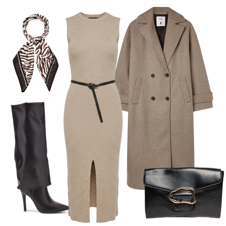 Outfit donna - Ottobre. Stile Glamour per Tutti i giorni. Abbinamento con vestiti midi/longuette, clutch, cappotti, foulard, stivali.