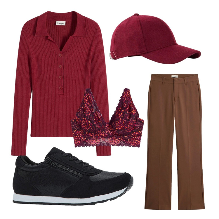 Outfit donna - Ottobre. Stile Sporty chic per Scuola/Università. Abbinamento con sneakers, cappelli con visiera, maglieria, pantaloni, reggiseni.