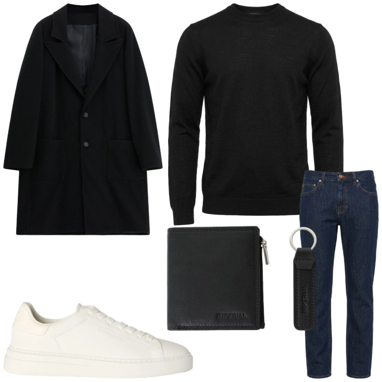 Outfit uomo - Minimalismo urbano. Stile Business/Elegante per Ufficio. Abbinamento con sneakers, jeans, maglieria, cappotti, portafogli.