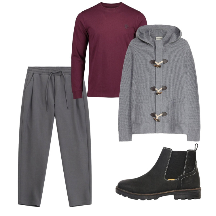 Outfit uomo - Un cardigan per i primi freddi. Stile Casual per Tutti i giorni. Abbinamento con t-shirt, pantaloni, stivali e stivaletti, cardigans.