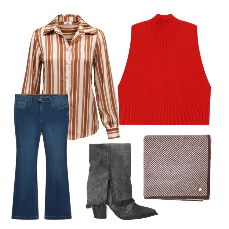 Outfit donna - Righe d’autunno. Stile Urban per Tutti i giorni. Abbinamento con camicie, gilet, jeans, sciarpe, stivaletti.