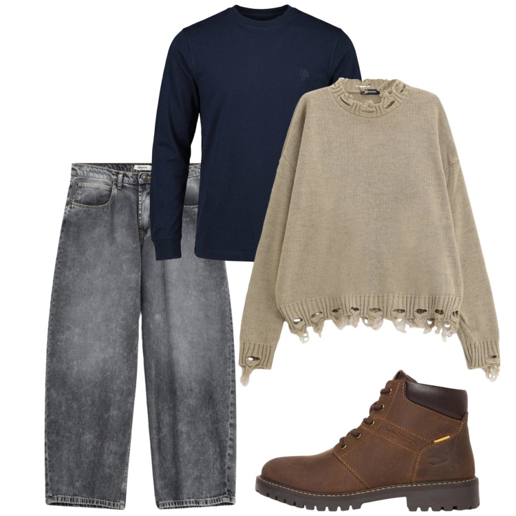 Outfit uomo - Ottobre. Stile Casual per Tutti i giorni. Abbinamento con t-shirt, jeans, maglieria, stivali e stivaletti.